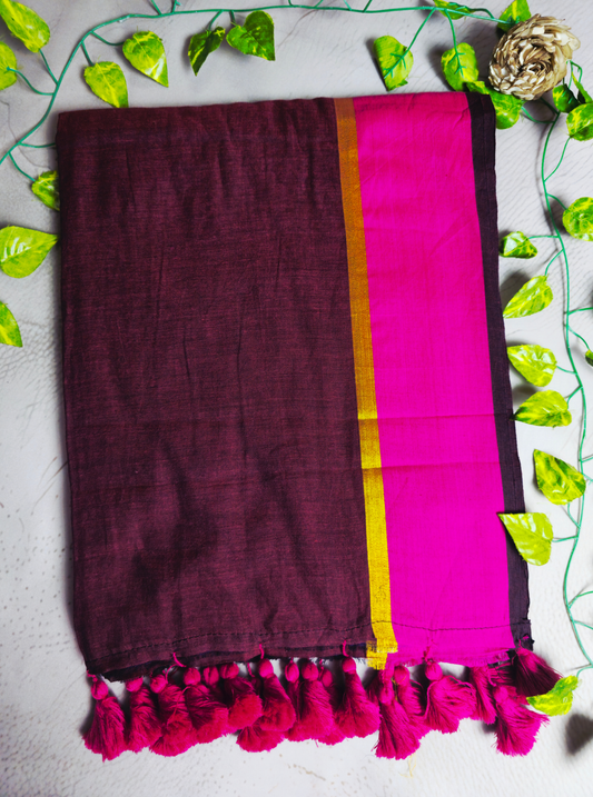 Elegant Wine Mul Cotton Saree with Contrast Pink Border & Tassel Pallu