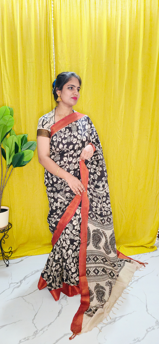 Charming Black and White Creeper Pattern Kalamkari Mangalagiri Silk Saree with Nizam Border and Hand Block Design