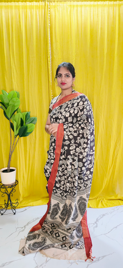 Charming Black and White Creeper Pattern Kalamkari Mangalagiri Silk Saree with Nizam Border and Hand Block Design