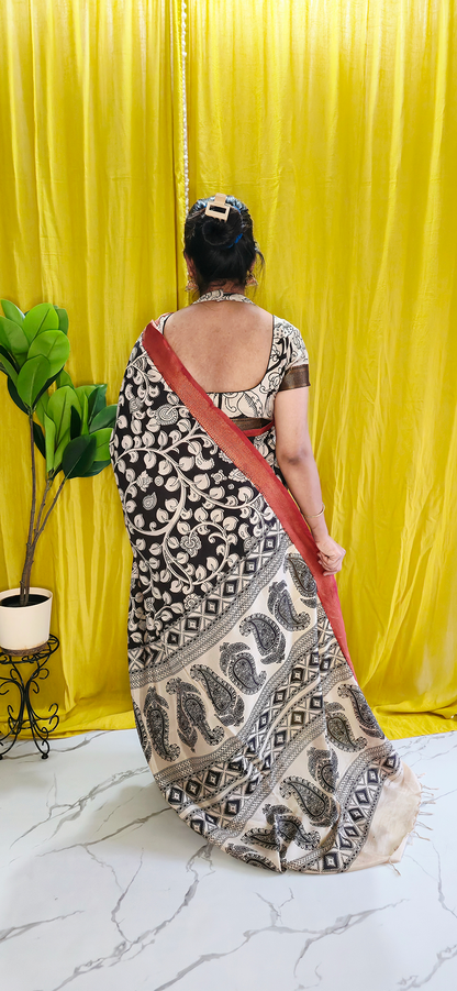 Charming Black and White Creeper Pattern Kalamkari Mangalagiri Silk Saree with Nizam Border and Hand Block Design