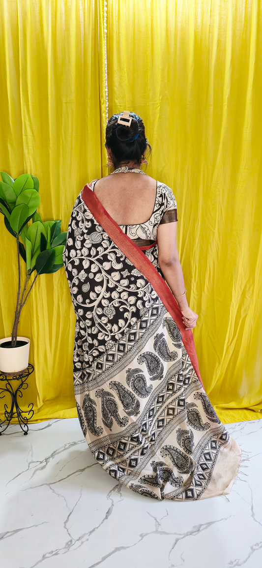 Charming Black and White Creeper Pattern Kalamkari Mangalagiri Silk Saree with Nizam Border and Hand Block Design
