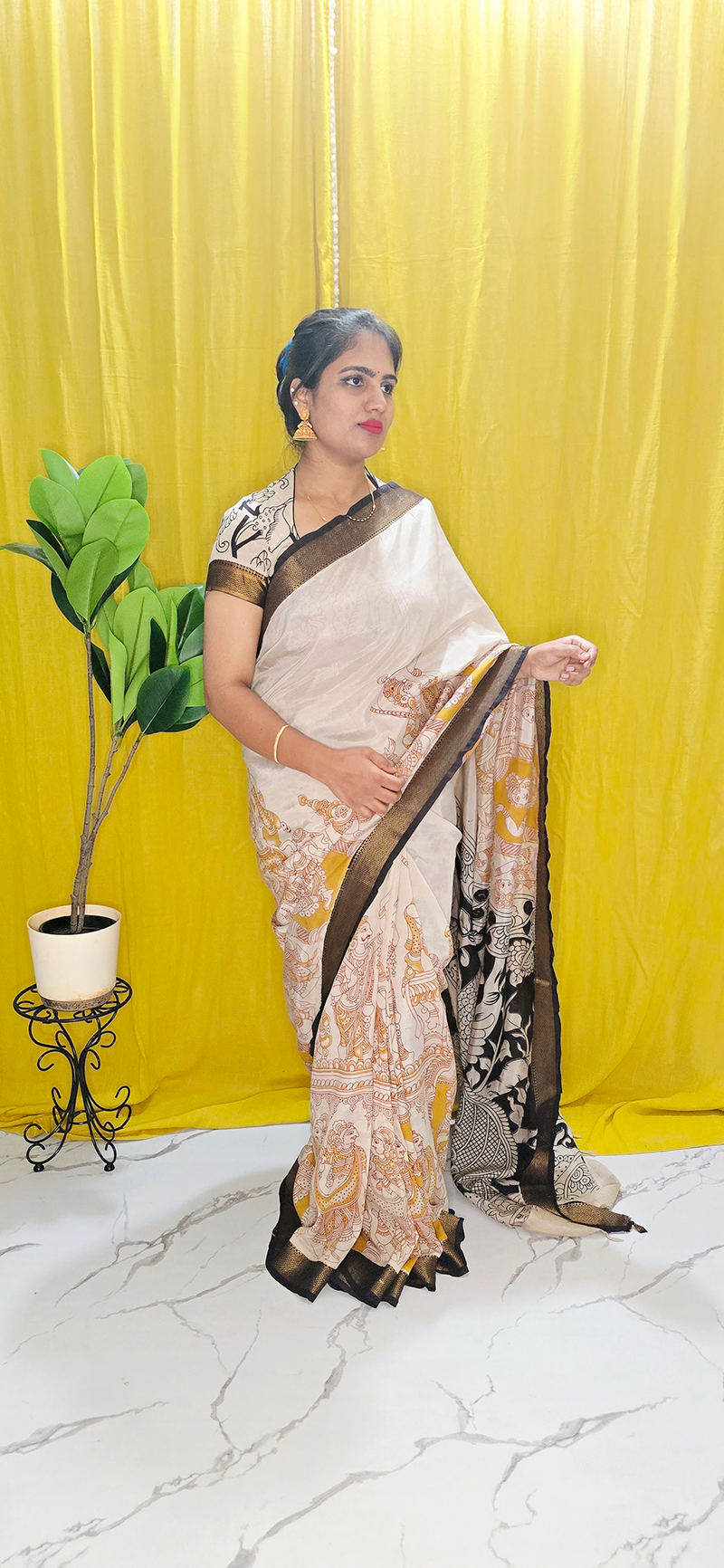 Elegant Yellow Ivory Kalamkari Mangalagiri Silk Saree with Nizam Border and Hand Block Design