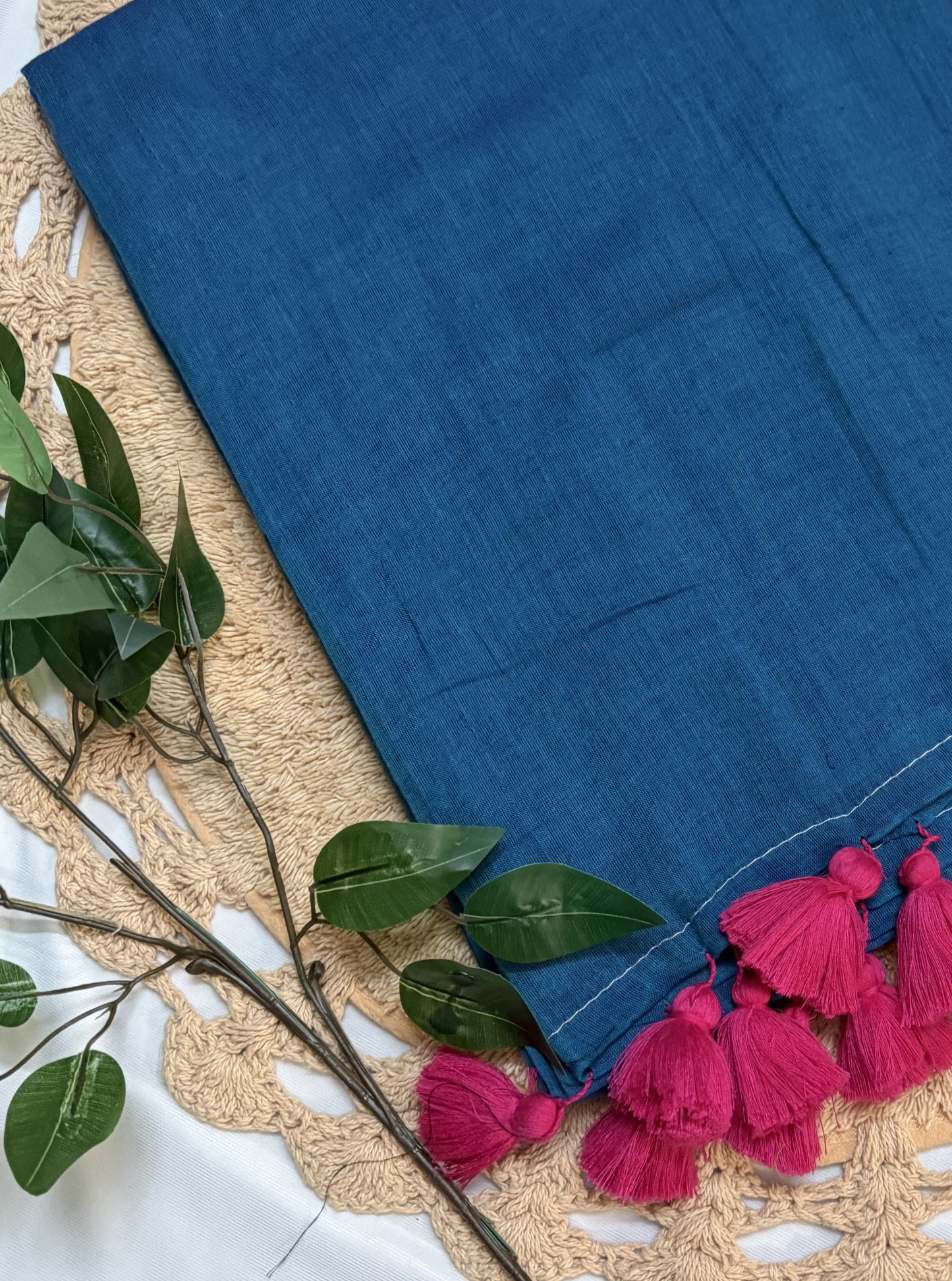 Teal Blue Mul Cotton Saree with Contrast Pink Border & Tassels