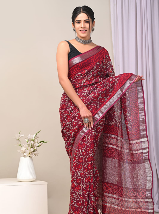 Graceful Red Linen Cotton Saree with Delicate Floral Vines
