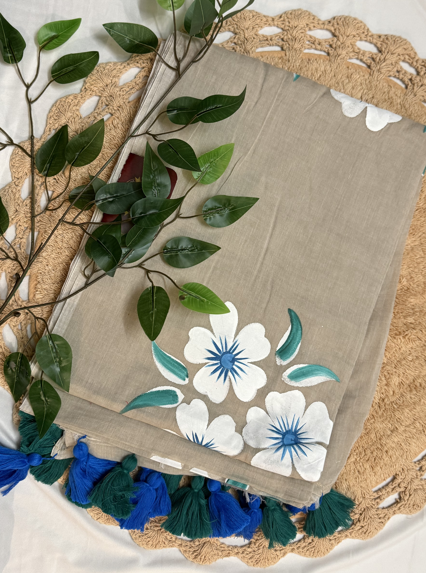 Beige Mul Cotton Saree with Hand-Painted White & Blue Floral Design & Contrast Tassels