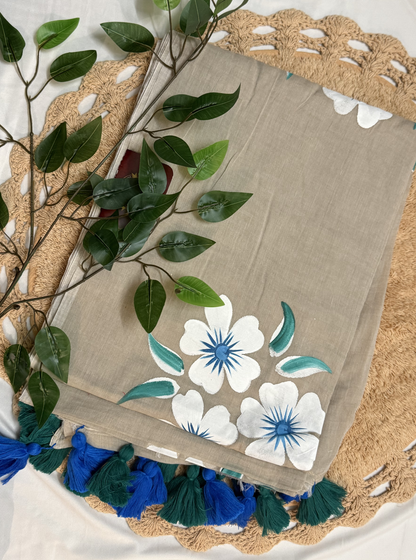Beige Mul Cotton Saree with Hand-Painted White & Blue Floral Design & Contrast Tassels