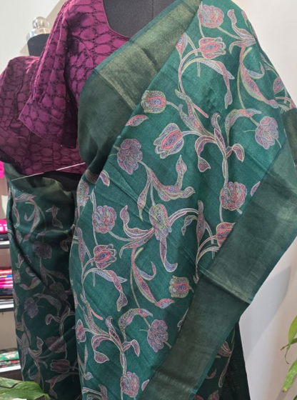 Elegant Green Tussar Silk Saree with Floral Print