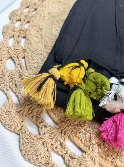Midnight Black Mul Cotton Saree with Multicolor Tassel Pallu