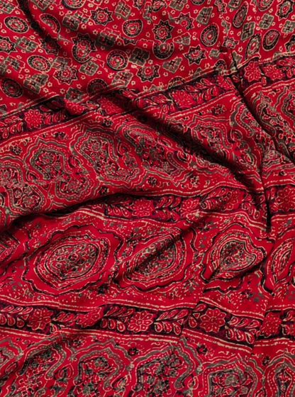 Red Chiffon Double Diamond Saree with Ajrakh-Inspired Floral & Geometric Prints