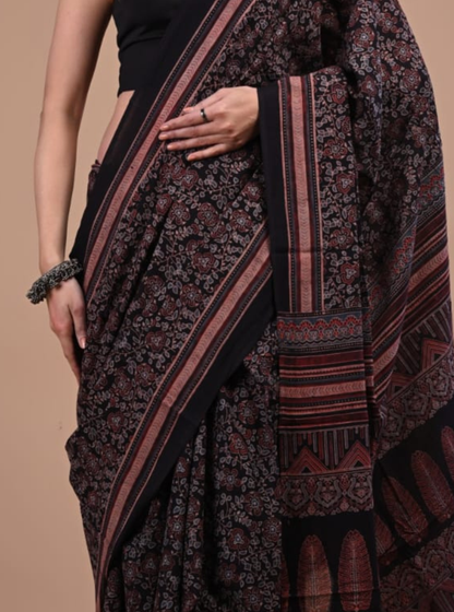 Black Cotton Ajrakh Saree with Intricate Floral & Geometric Prints