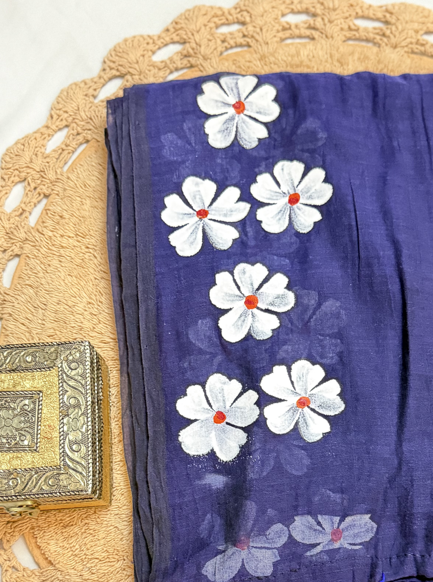Indigo Mul Cotton Saree with Handpainted Floral Motifs & Dual-Tone Tassels