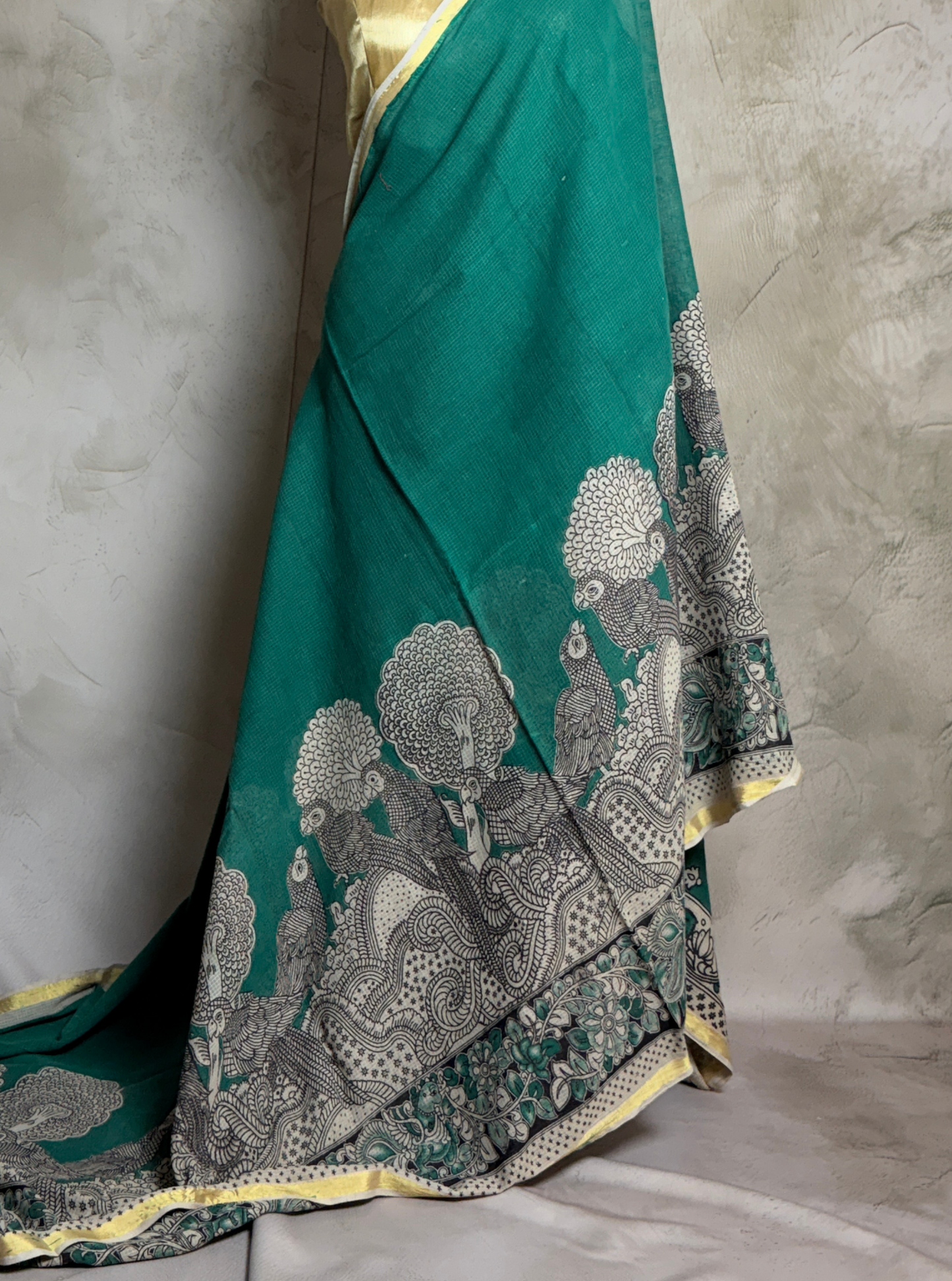 Teal Green Kota Cotton Saree with Peacock Kalamkari Inspired Border