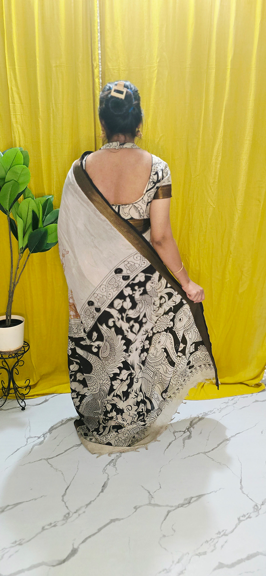 Elegant Yellow Ivory Kalamkari Mangalagiri Silk Saree with Nizam Border and Hand Block Design