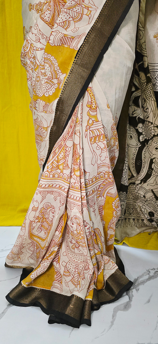 Elegant Yellow Ivory Kalamkari Mangalagiri Silk Saree with Nizam Border and Hand Block Design
