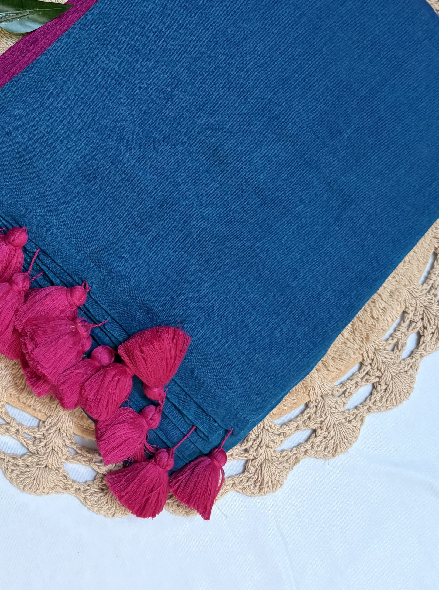 Teal Blue Mul Cotton Saree with Contrast Pink Border & Tassels