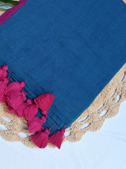Teal Blue Mul Cotton Saree with Contrast Pink Border & Tassels