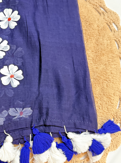 Indigo Mul Cotton Saree with Handpainted Floral Motifs & Dual-Tone Tassels