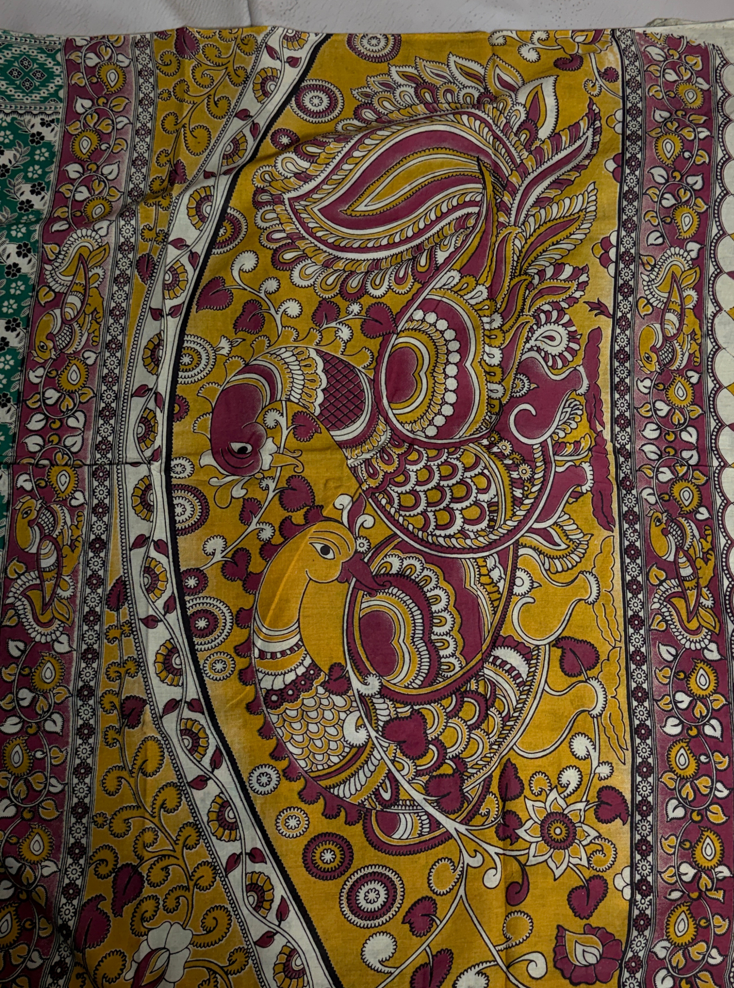 Teal Green Cotton Kalamkari Saree with Floral Buta Prints