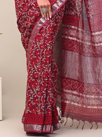 Graceful Red Linen Cotton Saree with Delicate Floral Vines
