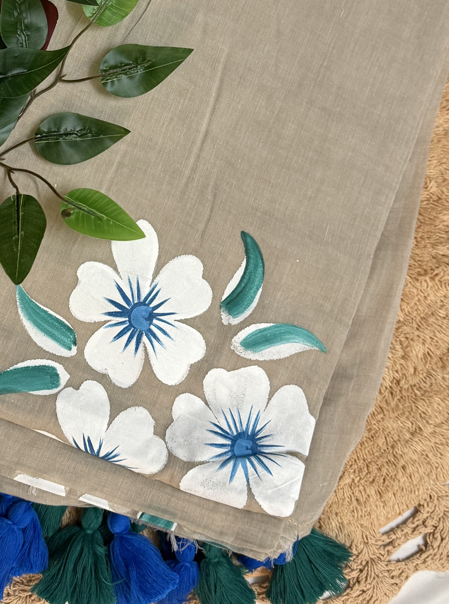 Beige Mul Cotton Saree with Hand-Painted White & Blue Floral Design & Contrast Tassels