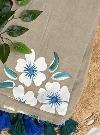 Beige Mul Cotton Saree with Hand-Painted White & Blue Floral Design & Contrast Tassels