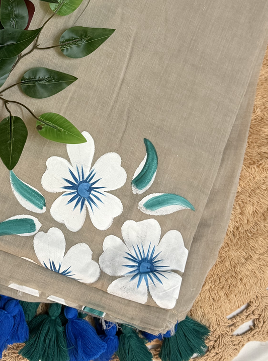 Beige Mul Cotton Saree with Hand-Painted White & Blue Floral Design & Contrast Tassels