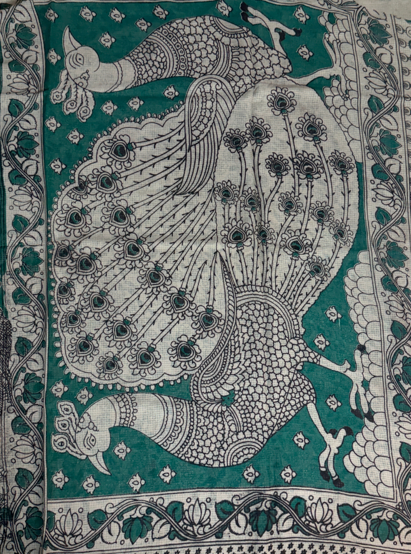 Teal Green Kota Cotton Saree with Peacock Kalamkari Inspired Border