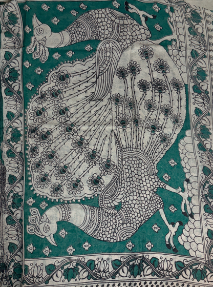 Teal Green Kota Cotton Saree with Peacock Kalamkari Inspired Border