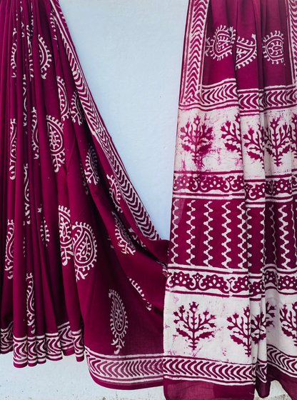 Deep Maroon Bagru Handblock Printed Cotton Saree