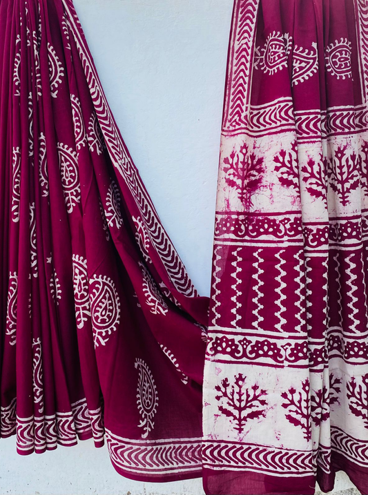Deep Maroon Bagru Handblock Printed Cotton Saree