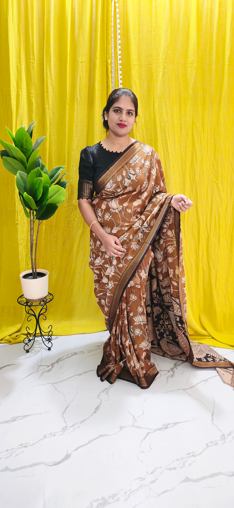 Classic Brown Lotus Kalamkari Mangalagiri Silk Saree with Nizam Border and Hand Block Design