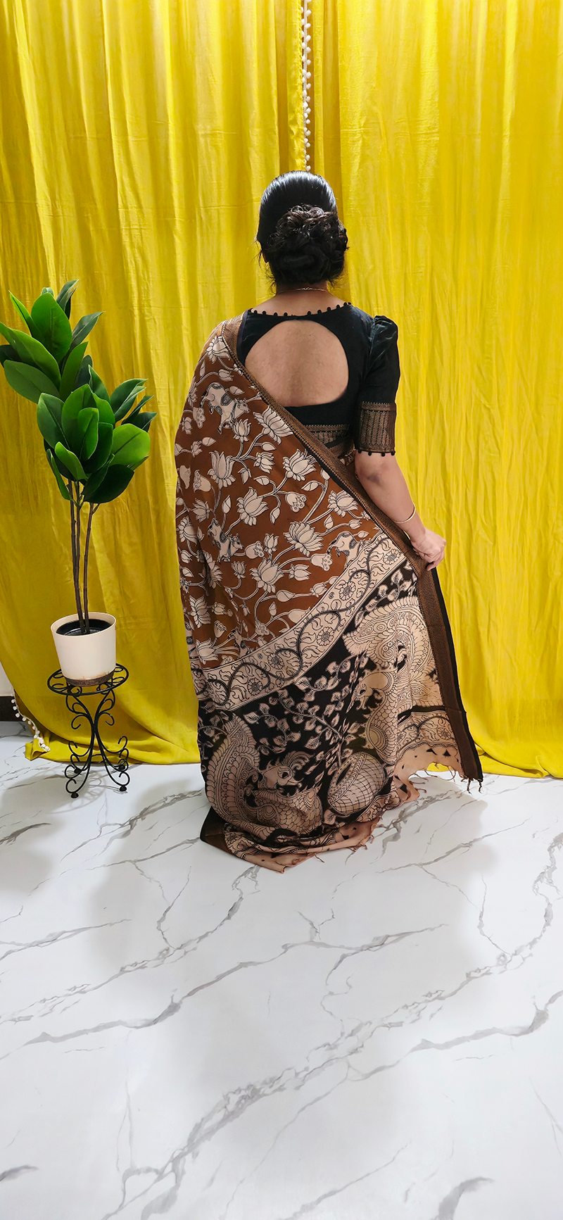 Classic Brown Lotus Kalamkari Mangalagiri Silk Saree with Nizam Border and Hand Block Design