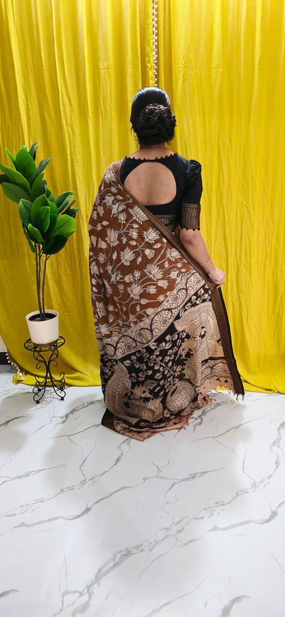 Classic Brown Lotus Kalamkari Mangalagiri Silk Saree with Nizam Border and Hand Block Design