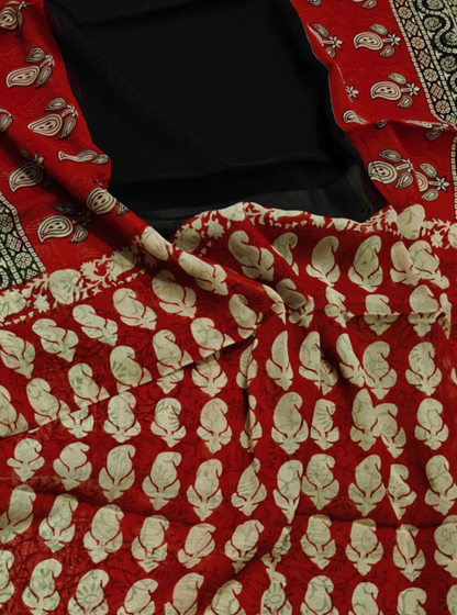 Red & Black Chiffon Double Diamond Saree with Buta Print & Contrast Pallu