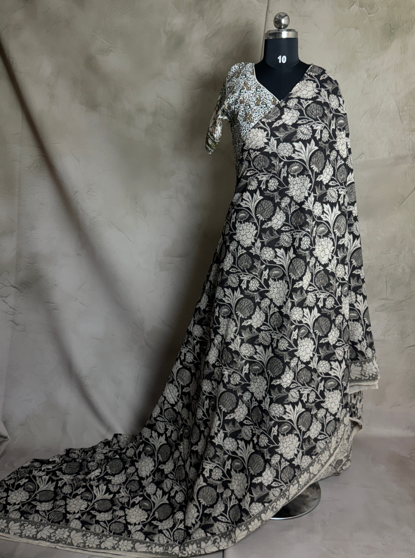 Black & Ivory Cotton Kalamkari Saree with Floral Vine Prints