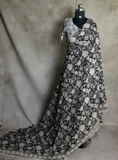 Black & Ivory Cotton Kalamkari Saree with Floral Vine Prints