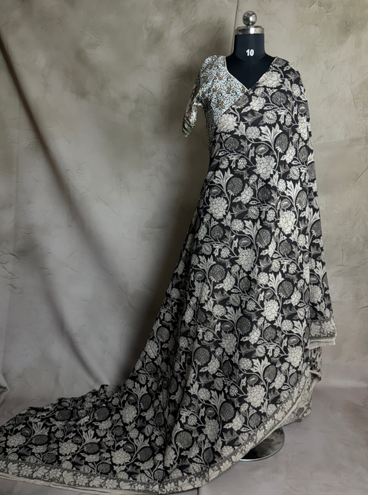 Black & Ivory Cotton Kalamkari Saree with Floral Vine Prints