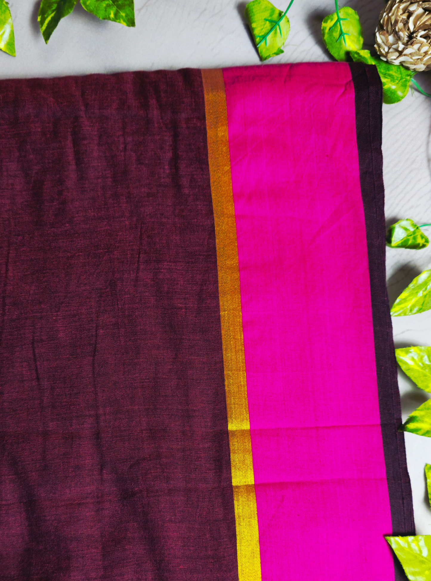 Elegant Wine Mul Cotton Saree with Contrast Pink Border & Tassel Pallu