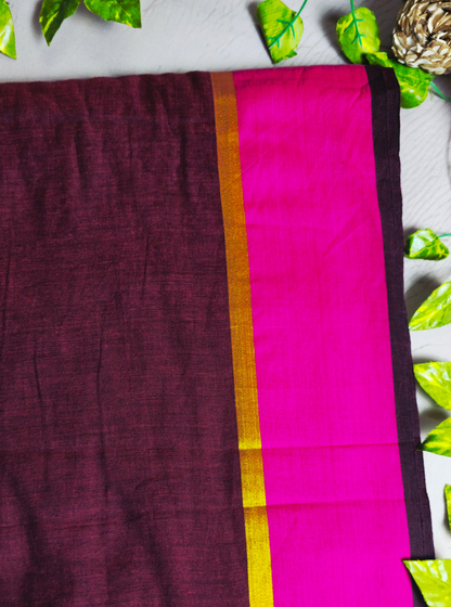 Elegant Wine Mul Cotton Saree with Contrast Pink Border & Tassel Pallu