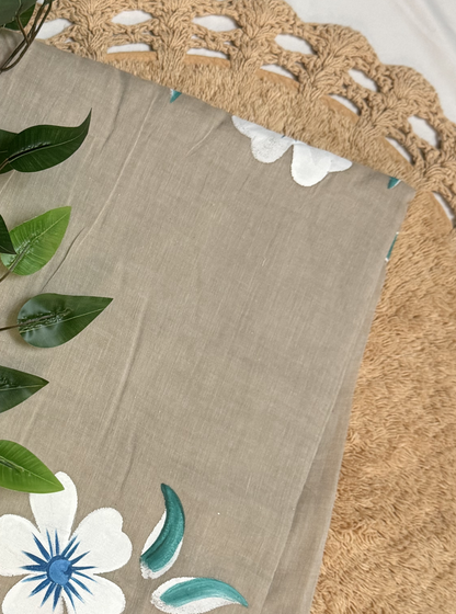 Beige Mul Cotton Saree with Hand-Painted White & Blue Floral Design & Contrast Tassels