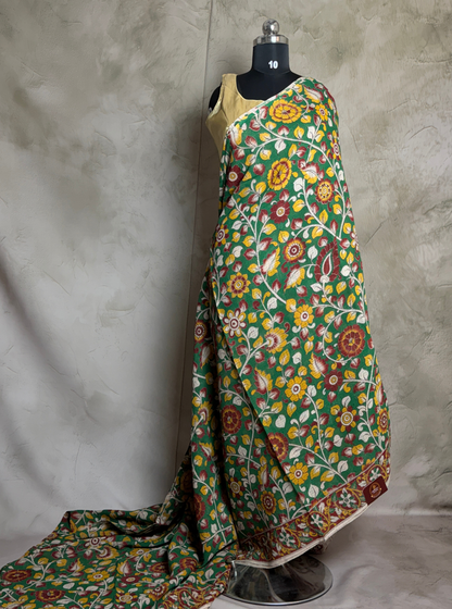 Emerald Green Kota Cotton Saree with Multicolor Floral Vine Motifs