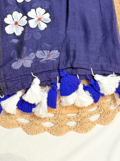 Indigo Mul Cotton Saree with Handpainted Floral Motifs & Dual-Tone Tassels
