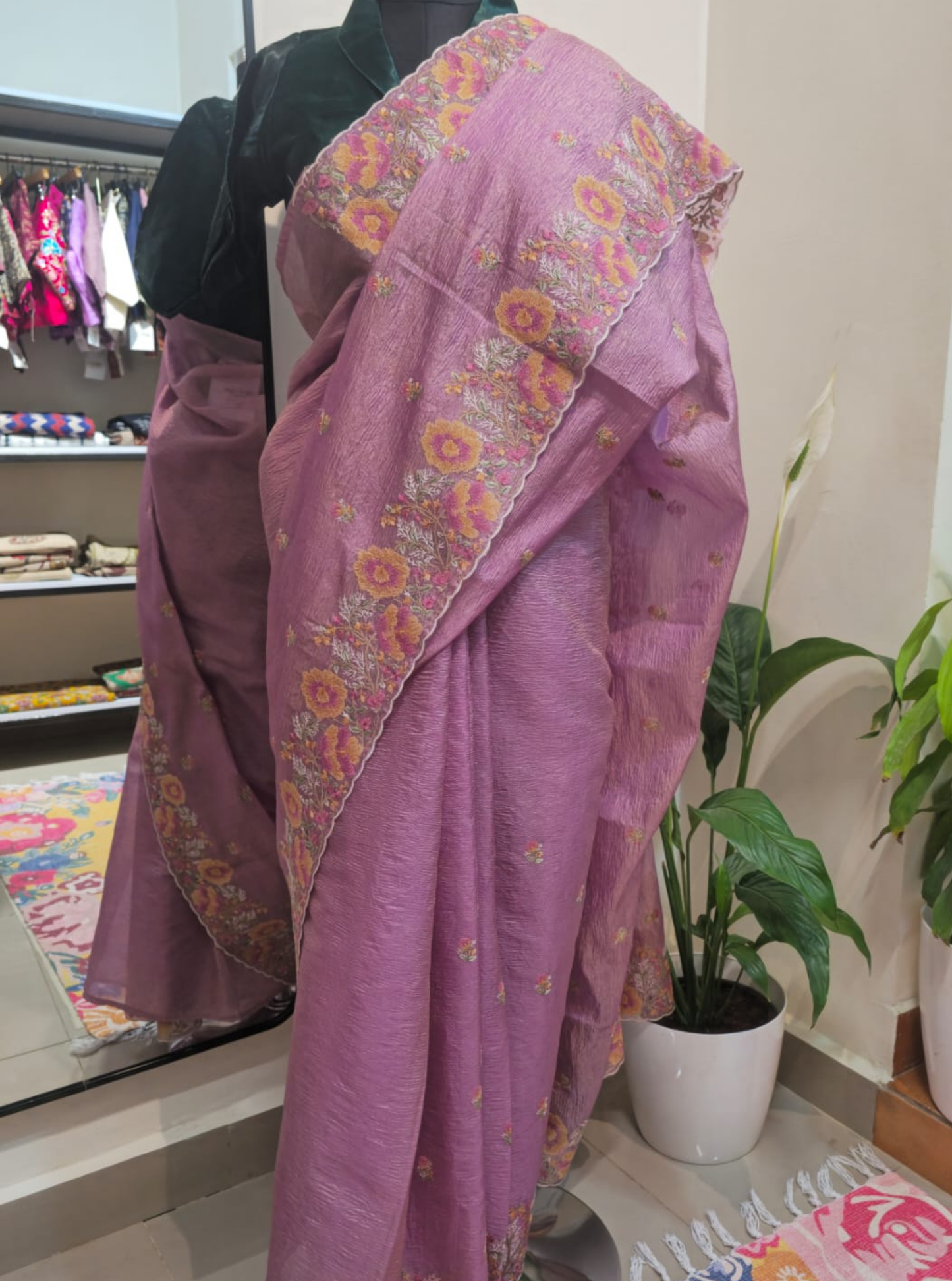 Lavender Crushed Tissue Saree with Floral Embroidered Border