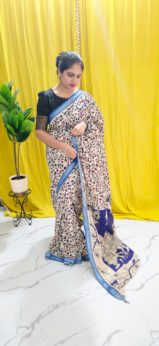Stylish White and Blue Kalamkari Mangalagiri Silk Saree with Nizam Border and Hand Block Design