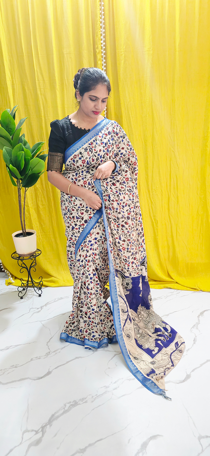 Stylish White and Blue Kalamkari Mangalagiri Silk Saree with Nizam Border and Hand Block Design