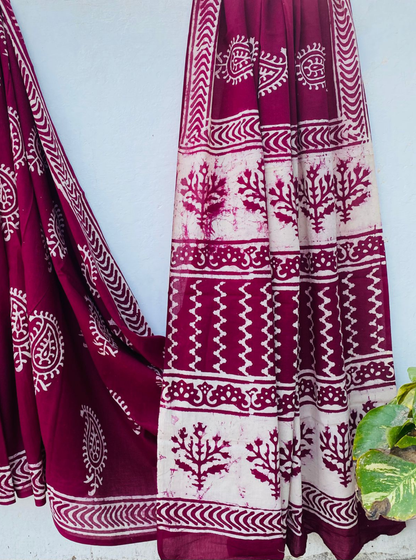 Deep Maroon Bagru Handblock Printed Cotton Saree