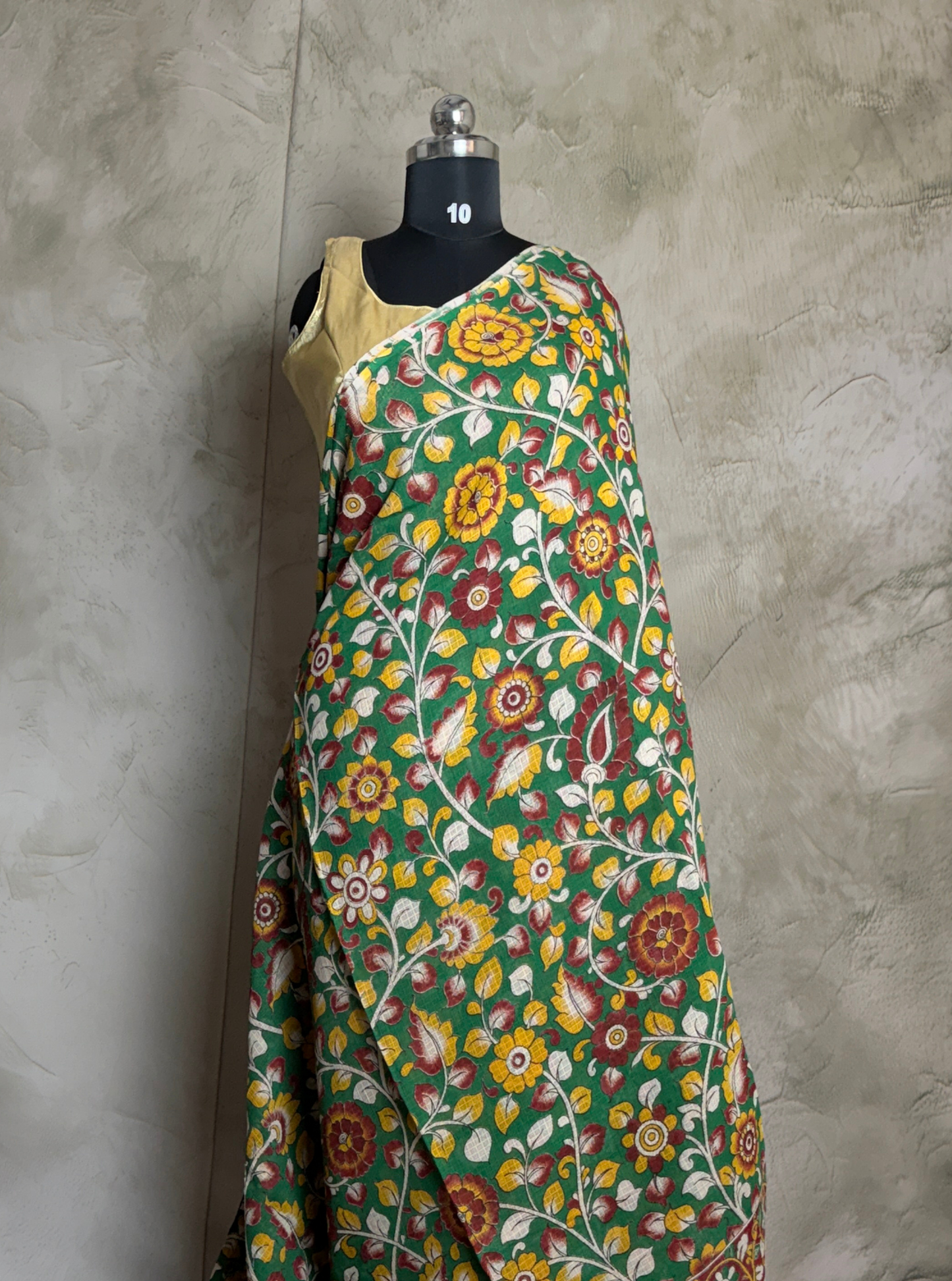 Emerald Green Kota Cotton Saree with Multicolor Floral Vine Motifs