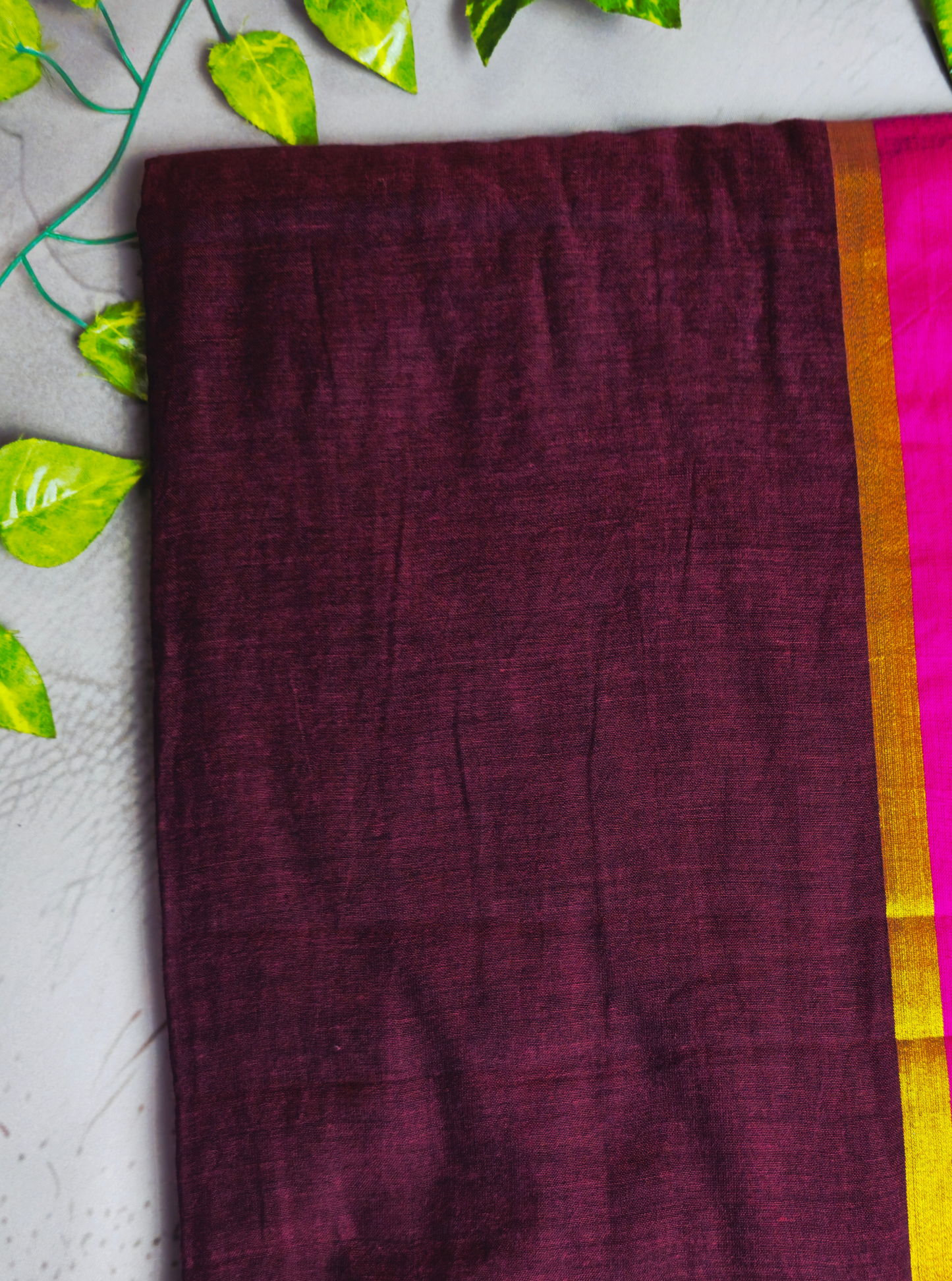 Elegant Wine Mul Cotton Saree with Contrast Pink Border & Tassel Pallu