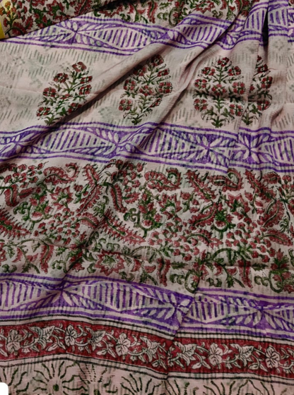 Beige Chiffon Double Diamond Saree with Floral Buta & Multicolor Border