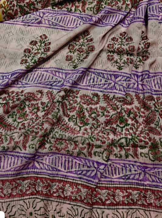 Beige Chiffon Double Diamond Saree with Floral Buta & Multicolor Border